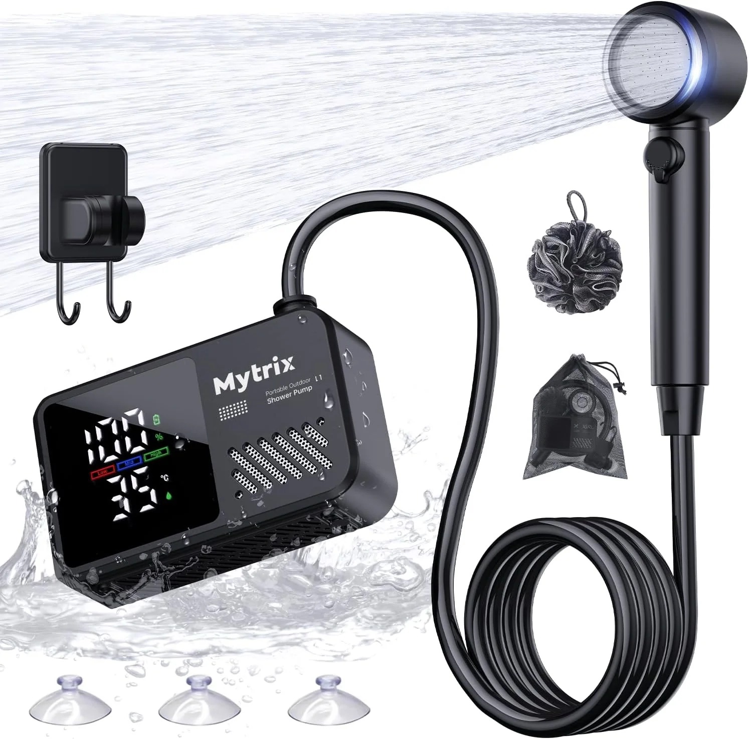 Mytrix Přenosná kempingová sprcha L1 – 10 l/min, 7800 mAh, černá
