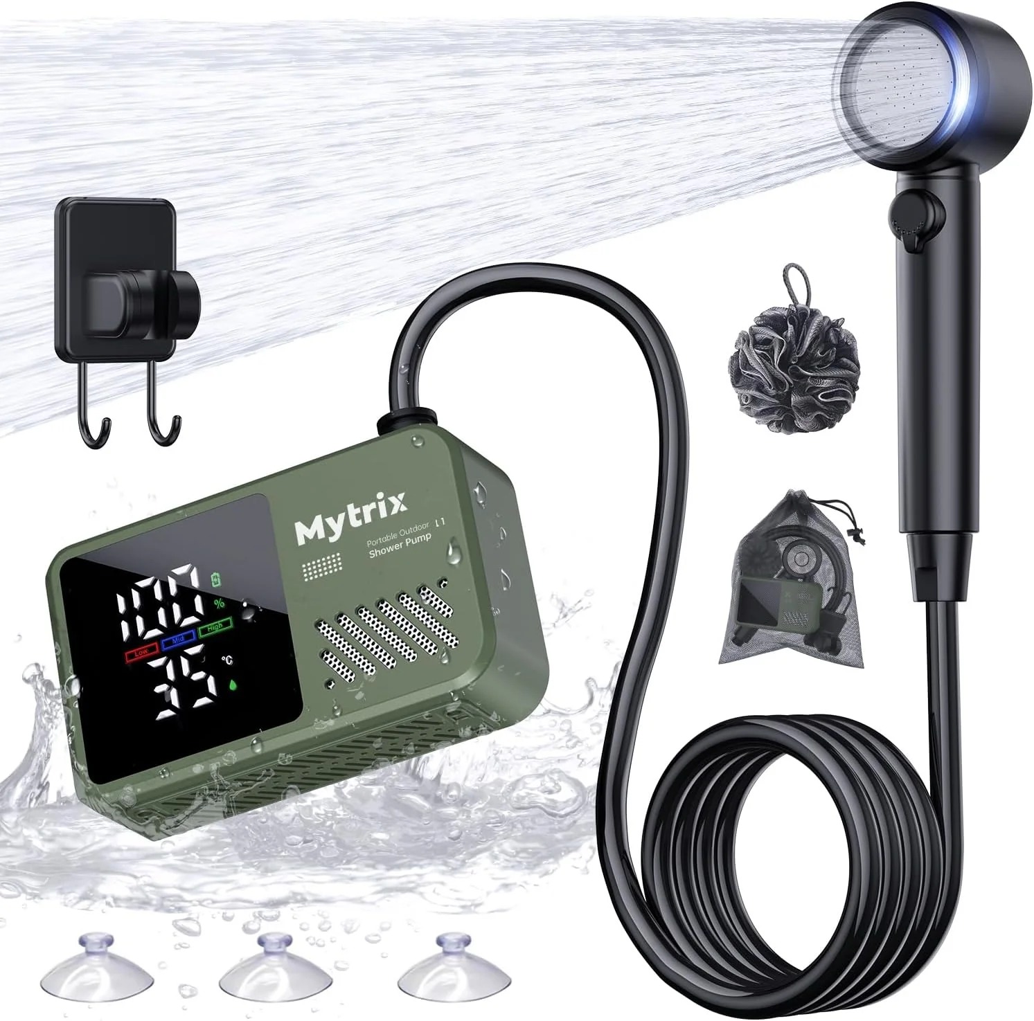 Mytrix Přenosná kempingová sprcha L1 – 10 l/min, 7800 mAh, zelená
