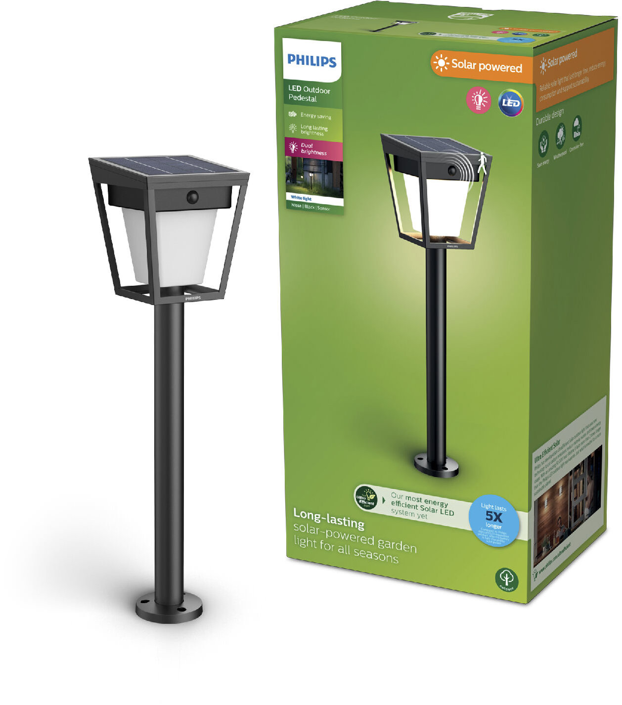 Philips Nissa solární LED sloupek s pohybovým senzorem 1,8 W, 250/25 lm, 3000 K, IP44, černý
