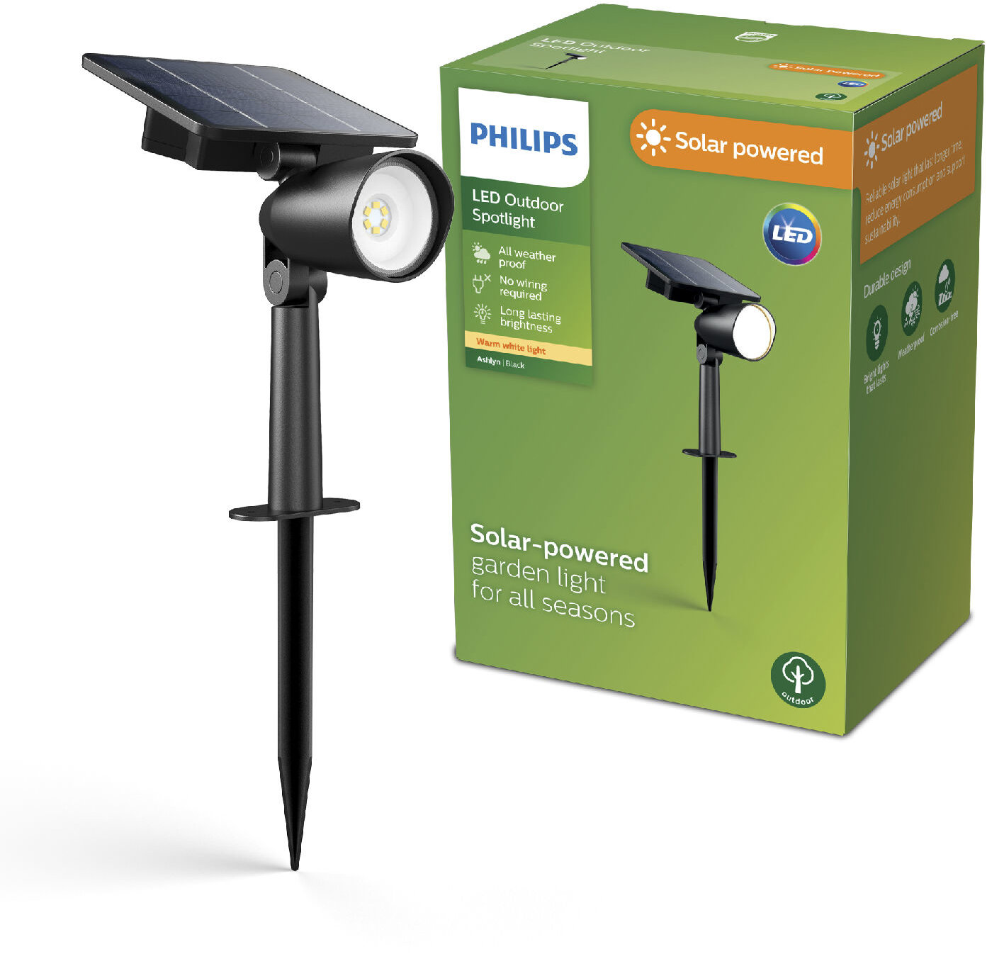 Philips Ashlyn venkovní solární zemní LED reflektor 1,4 W, 150 lm, 2700 K, IP44, černý