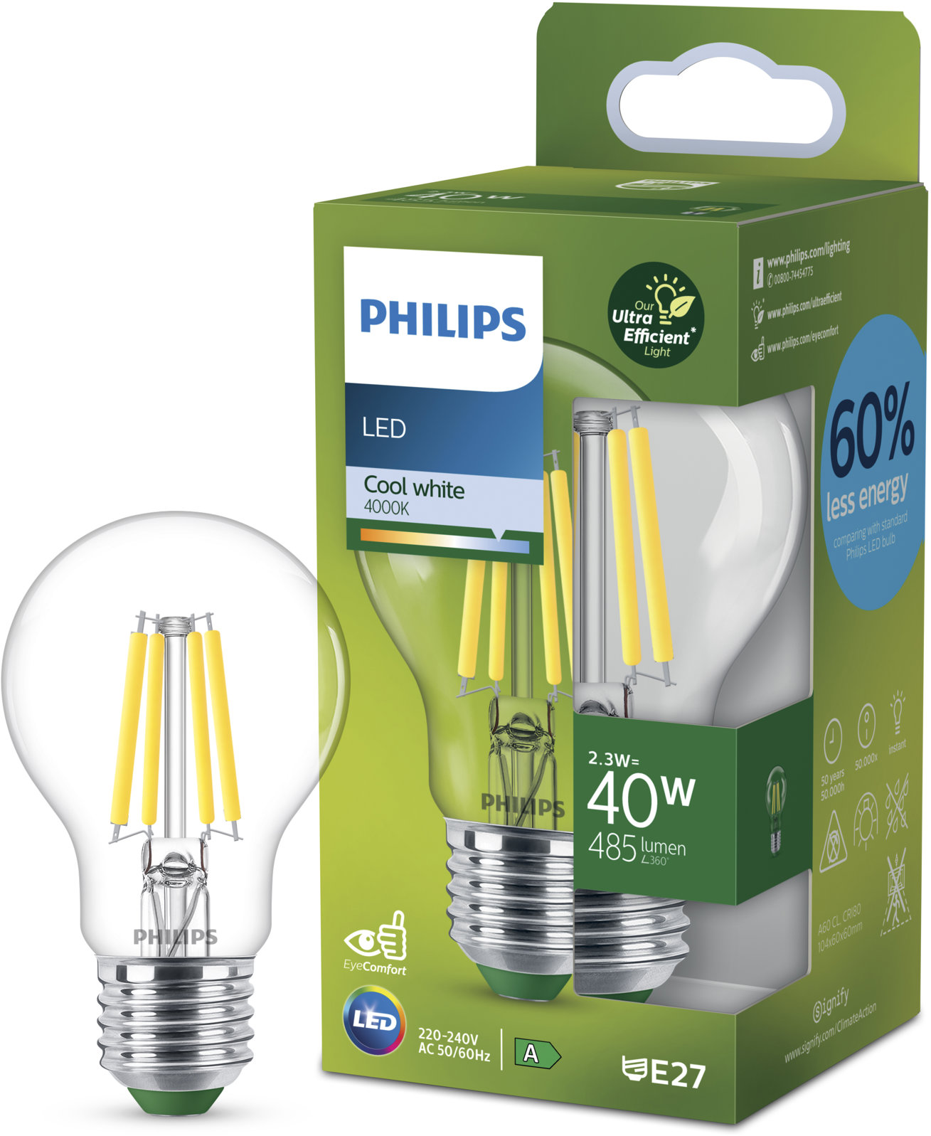 Philips LED 2,3-40W, E27, 4000K, A