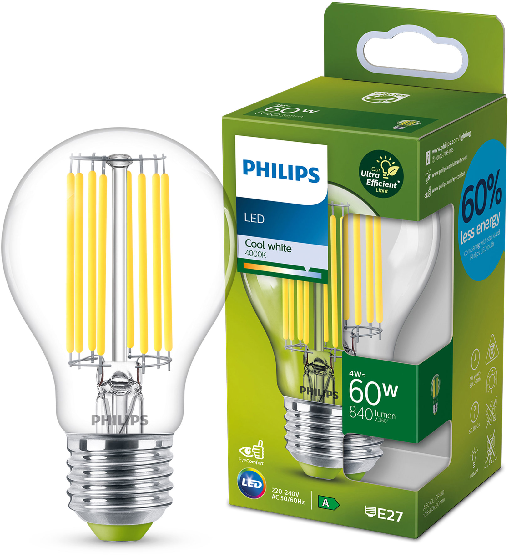 Philips LED 4-60W, E27, 4000K, A