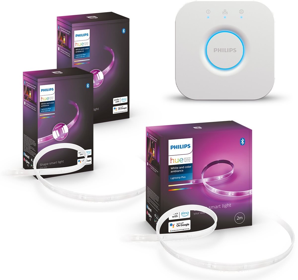 Philips Hue Lightstrip Plus V4 EMEA 2m base kit + 2x Hue Lightstrip Plus V4 EMEA 1m ext + Philips HU