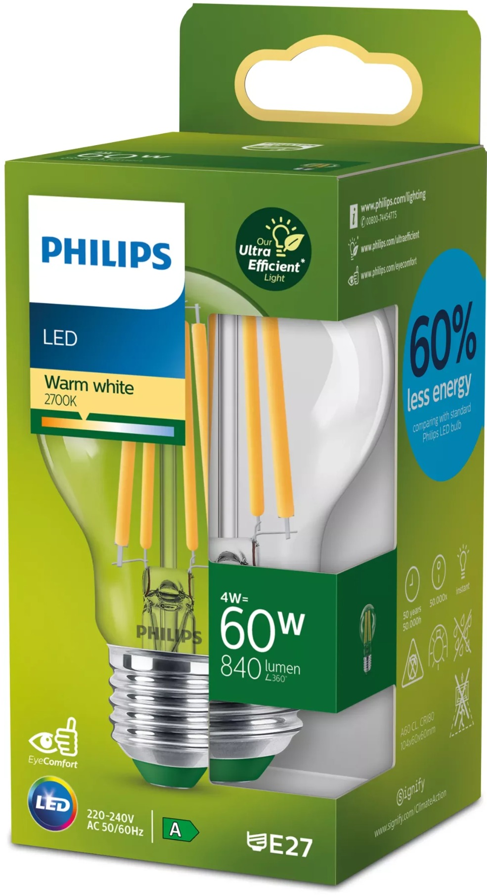 Philips LED 60W A60 E27 2700K CL UE SRT4