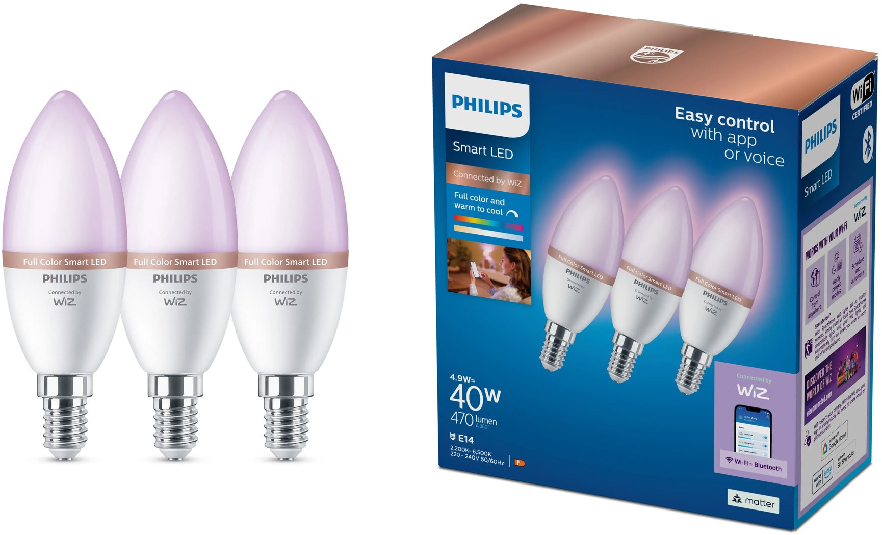 Philips Smart Led WFB 40 W C37 E14 922-65 RGB 3CT/6
