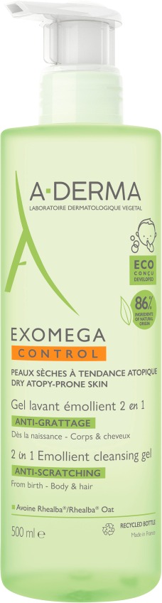 A-DERMA Exomega Control Zvláčňující mycí gel pro suchou kůži se sklonem k atopii 2v1 500 ml