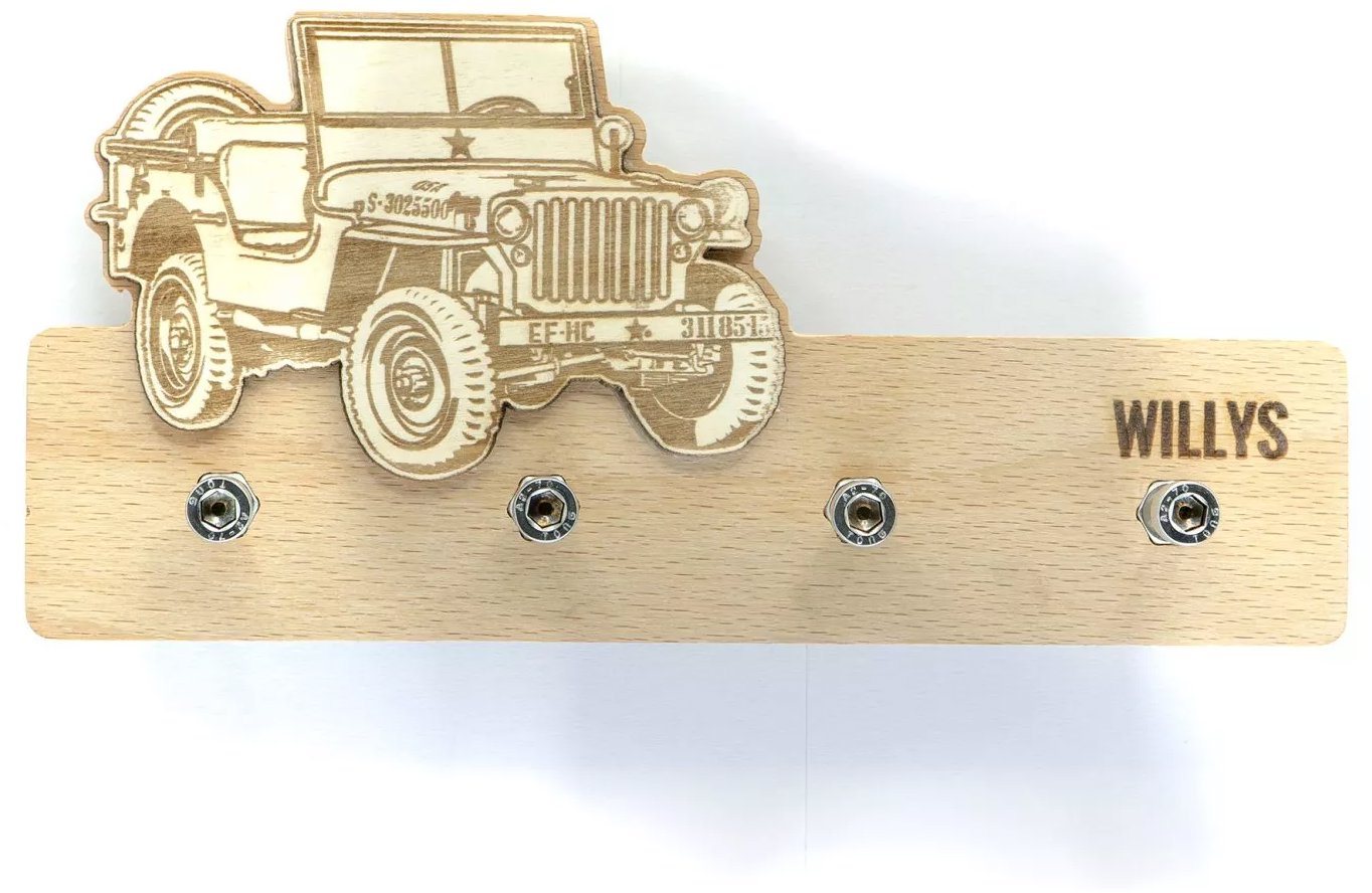 ŠN Designový dřevěný věšák na klíče Willys MB
