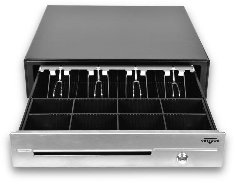 Virtuos pokladní zásuvka C430D s kabelem, kovové držáky, nerez panel, 9-24V, černá