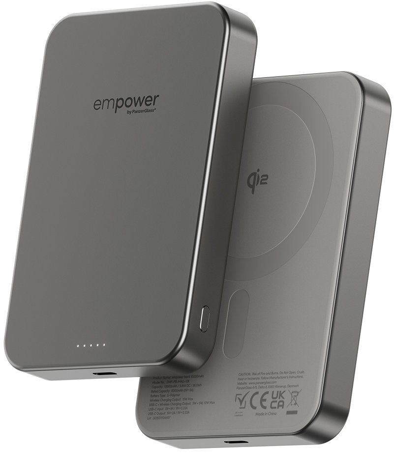 PanzerGlass Empower bezdrátová Qi2 powerbanka 10000 mAh, MagSafe, šedá, hlikové tělo