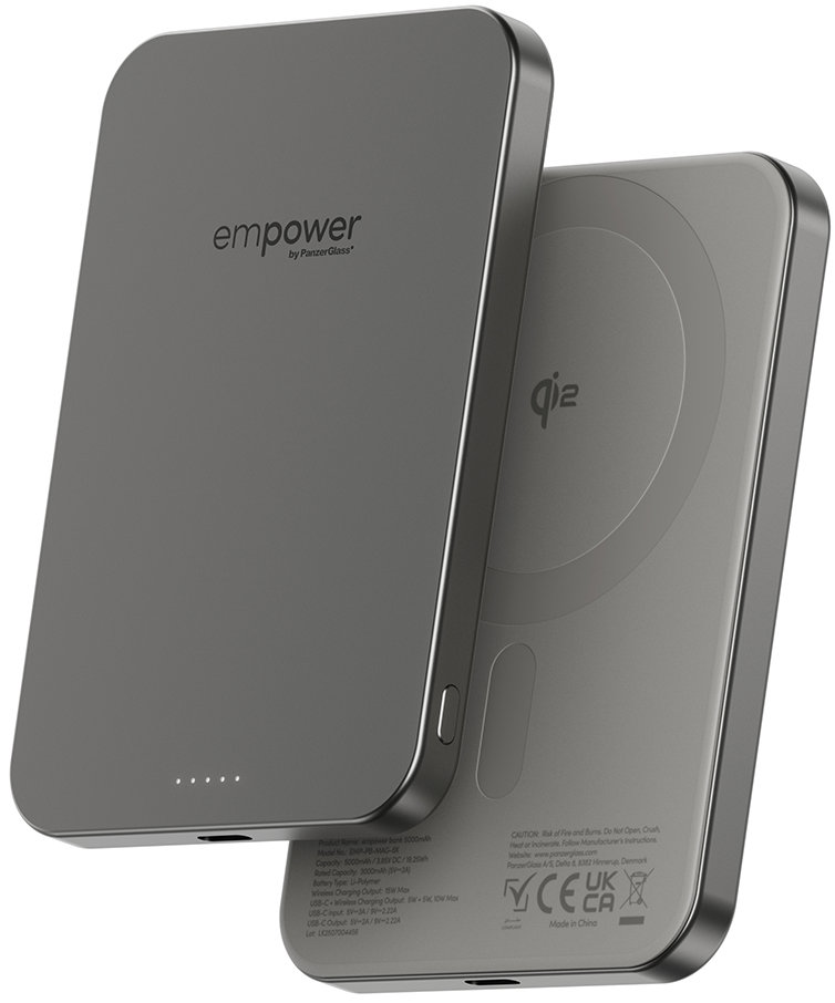 PanzerGlass Empower bezdrátová Qi2 powerbanka 5000 mAh, MagSafe, šedá, hlikové tělo