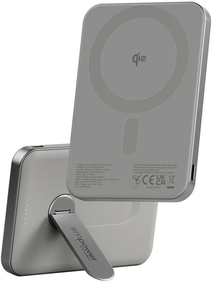 PanzerGlass Empower bezdrátová Qi2 powerbanka 5000 mAh, MagSafe, s otočným 360° stojánkem, šedá