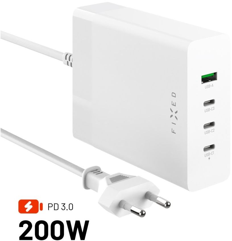 FIXED Charging Station s 3xUSB-C a USB výstupem podpora PD 3.0 200W bílá
