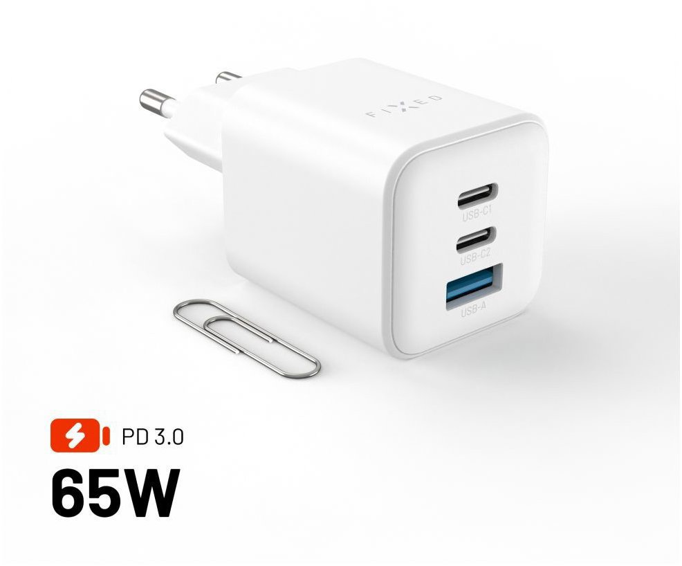 FIXED Mini Gan s 2xUSB-C a USB výstupem a podporou PD 65W bílá
