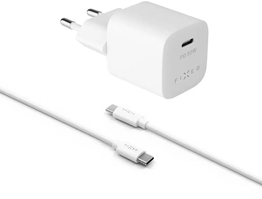 FIXED PD Rapid Charge Mini s USB-C výstupem a USB-C/USB-C kabelem podpora PD 30W bílý