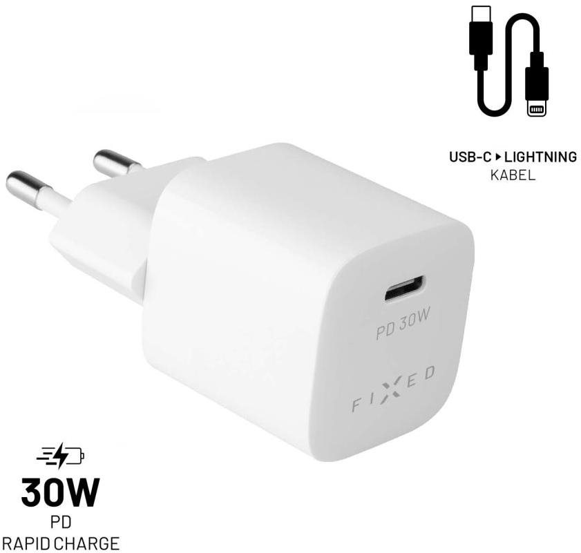 FIXED PD Rapid Charge Mini s USB-C výstupem a USB-C/Lightning kabelem podpora PD 1.2m MFI 30W bílý