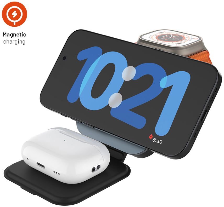 FIXED MagFlex ALU 3v1 skládací s podporou MagSafe 15W+2.5W+3.5W šedý