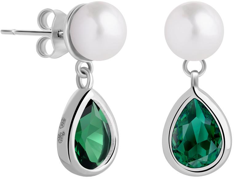 Preciosa Stříbrné náušnice Pure Pearl s říční perlou a kubickou zirkonií Preciosa, emerald