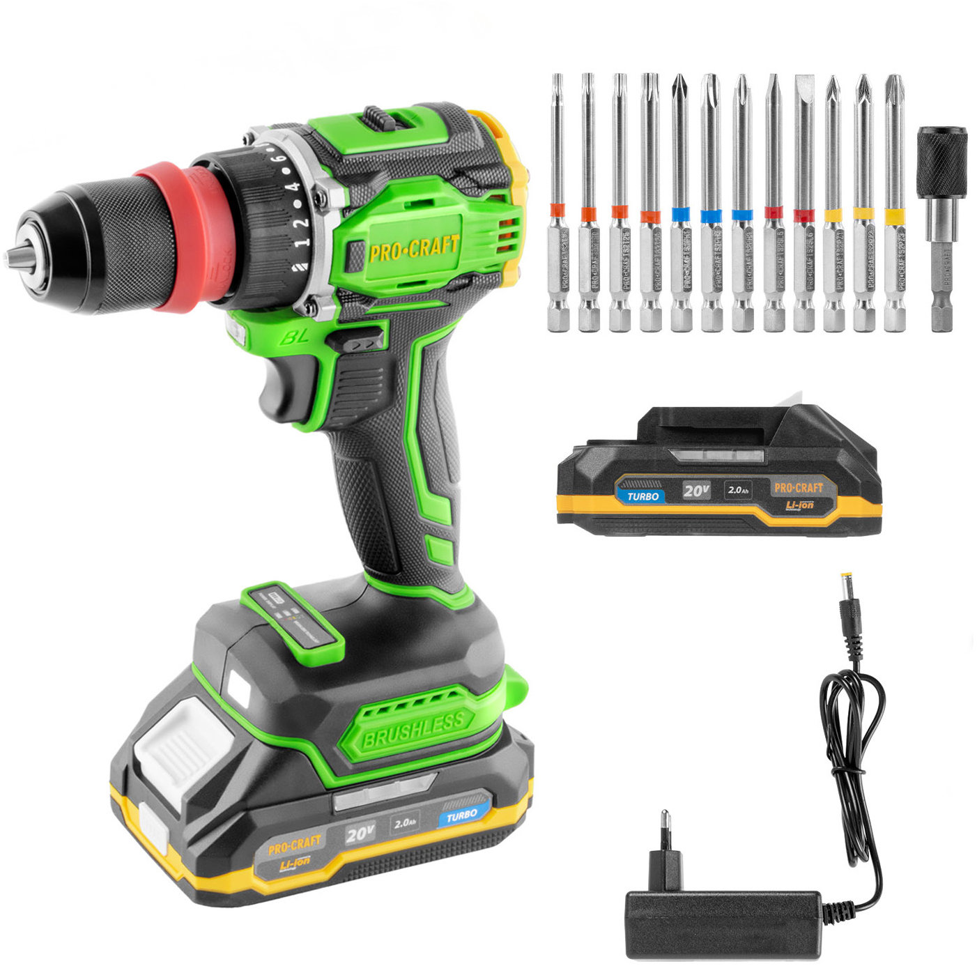 PROCRAFT Šroubovák vrtací AKU PA18ProDFR2 + sada bitů 13× (1 × 2 Ah)