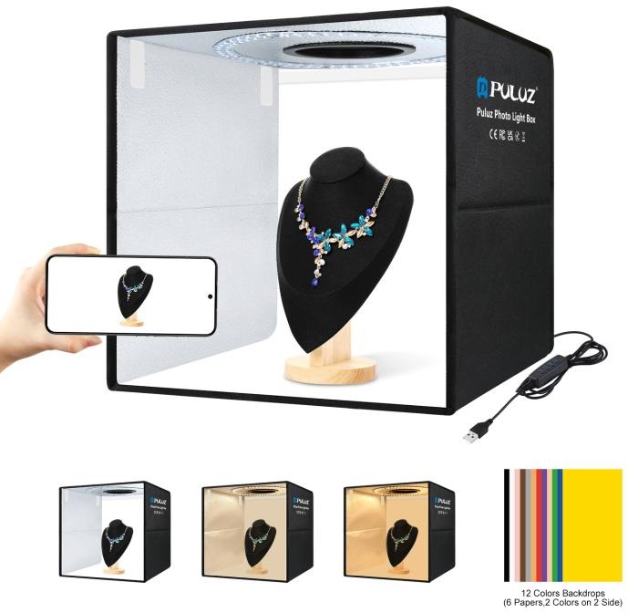 PULUZ skládací přenosné kruhové světlo USB + fotostan kit (6x oboustranné barevné kulisy), 40 cm