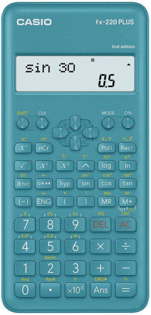 Kalkulačka CASIO FX 220 PLUS 2E tyrkysová - moderní a robustní zařízení s širokou škálou funkcí pro snadné a přesné počítání.