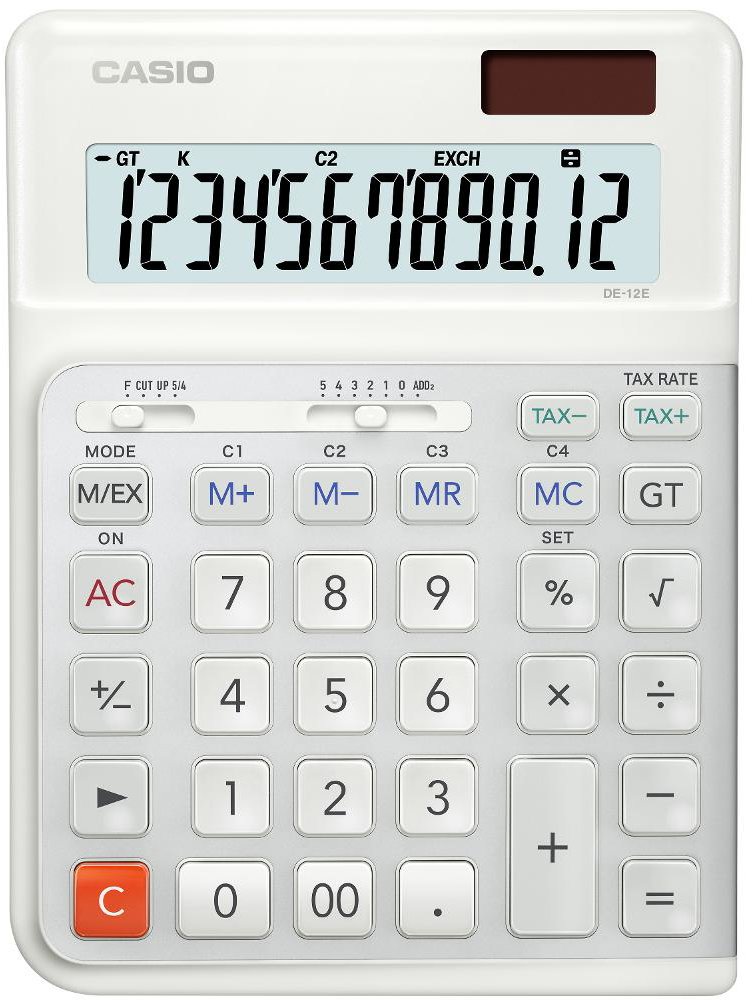 Kalkulačka CASIO DE 12 E ERG0 na bílém pozadí