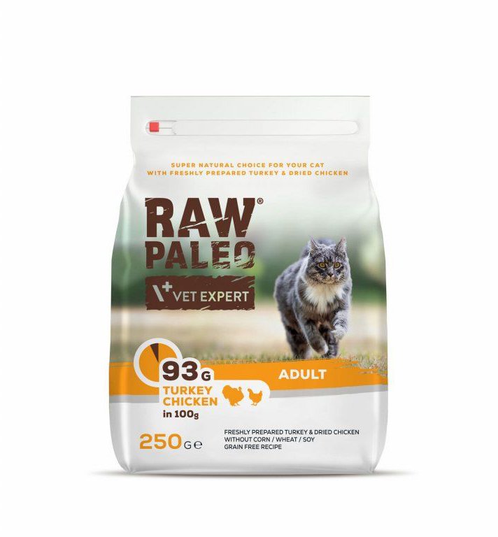 RAW PALEO Adult Cat - suché krmivo s krůtím a kuřecím masem pro dospělé kočky 250 g