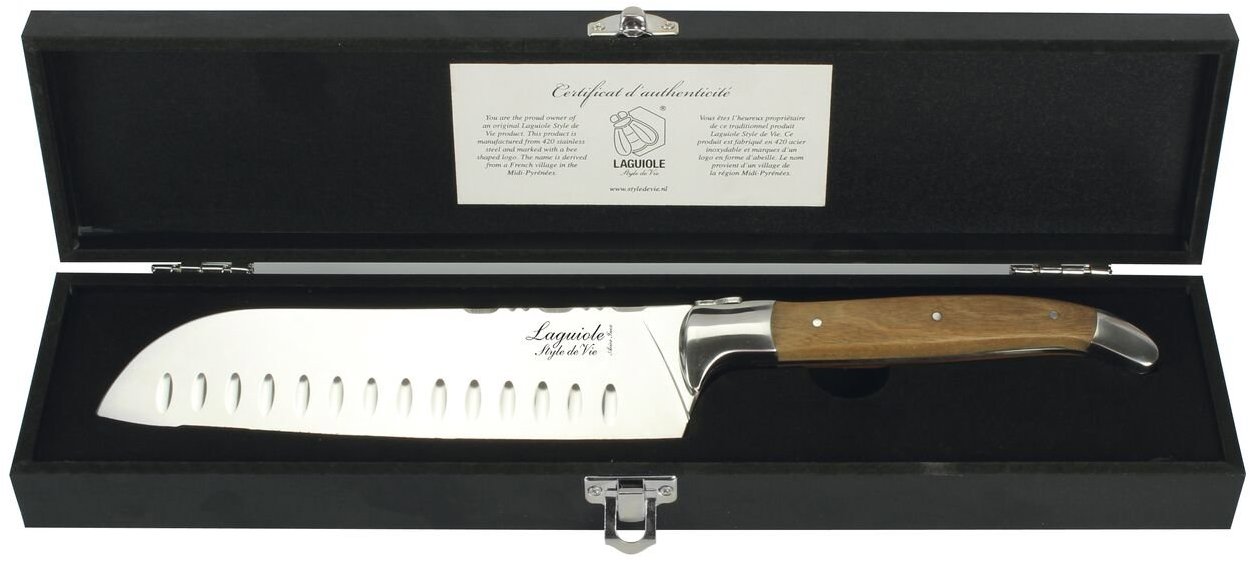 Lou Laguiole Luxury Line Santoku nůž, rukojeť z olivového dřeva, výška: 40 mm, délka: 310 mm