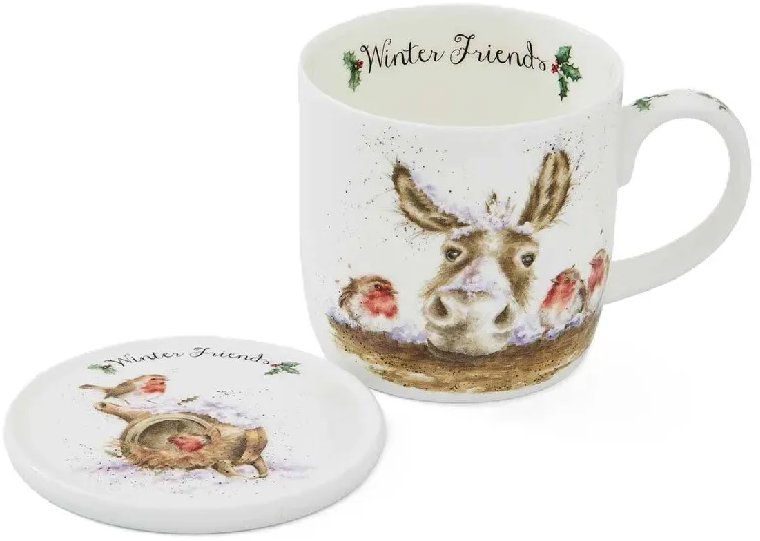 Royal Worcester Vánoční porcelánový hrnek s podšálkem, Oslík a červenky