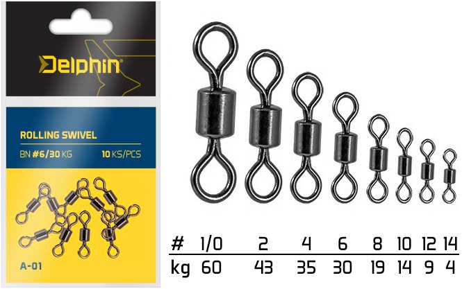Delphin Rolling Swivel A-01 Velikost 2, 43 kg 3 × 10 ks