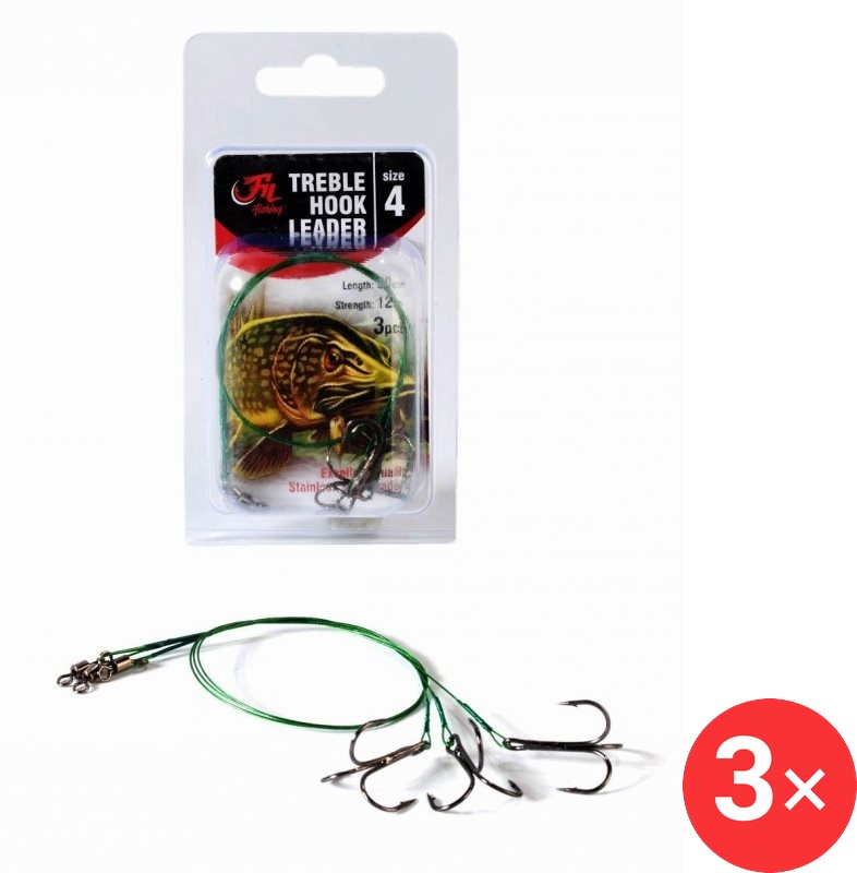 Fil Fishing Treble Hook Leader 3 × Velikost 4 12 kg 30 cm 3 ks