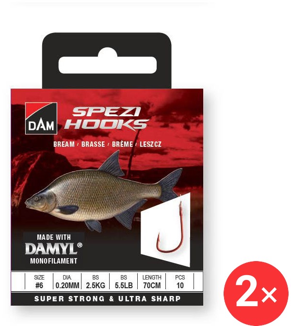 DAM Spezi Bream 2 × Velikost 6 0,20 mm 2,5 kg 5,5 lb 70 cm 10 ks