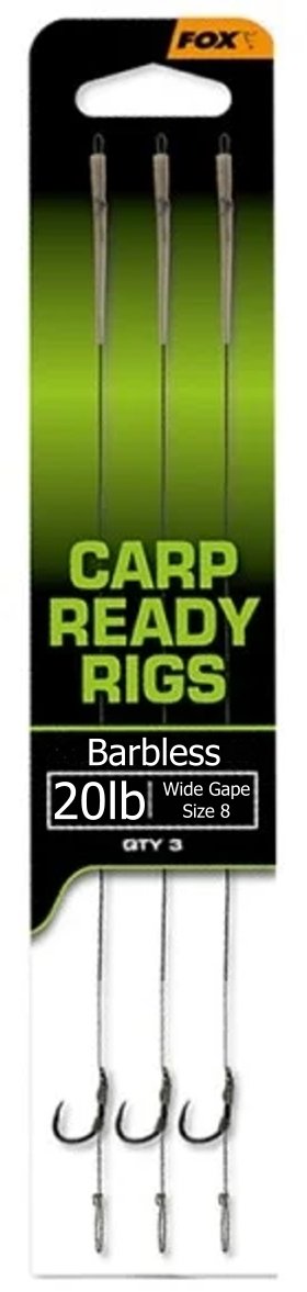 FOX Návazec Carp Ready Rigs Wide Gape Barbless 20 lbs Velikost 8 3 ks
