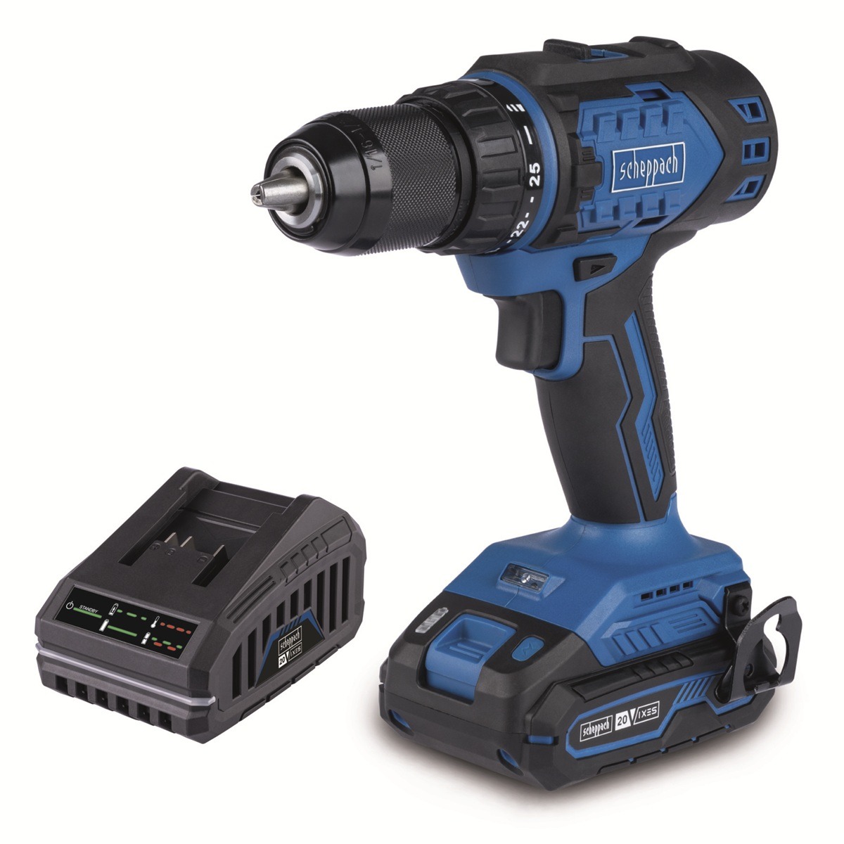 SCHEPPACH Vrtací šroubovák AKU 20V IXES, nabíječka BC-DD60-X-SET S (1 × 2 Ah)