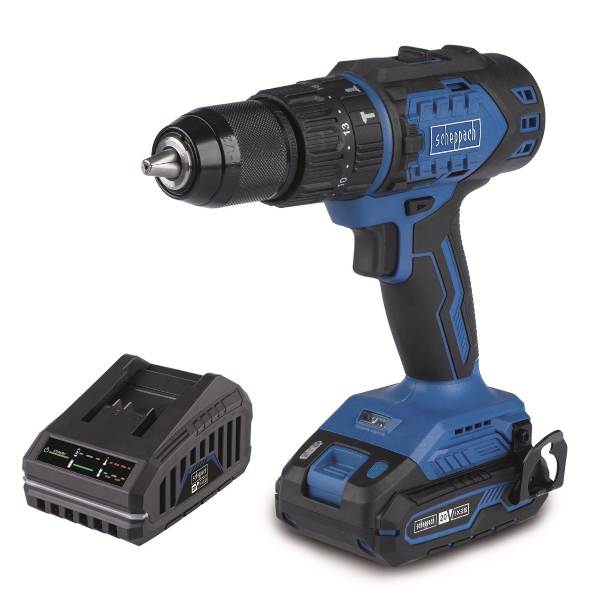 SCHEPPACH Vrtací šroubovák AKU s příklepem 20V IXES, nabíječka BC-CD60-X-SET S (1x2 Ah)