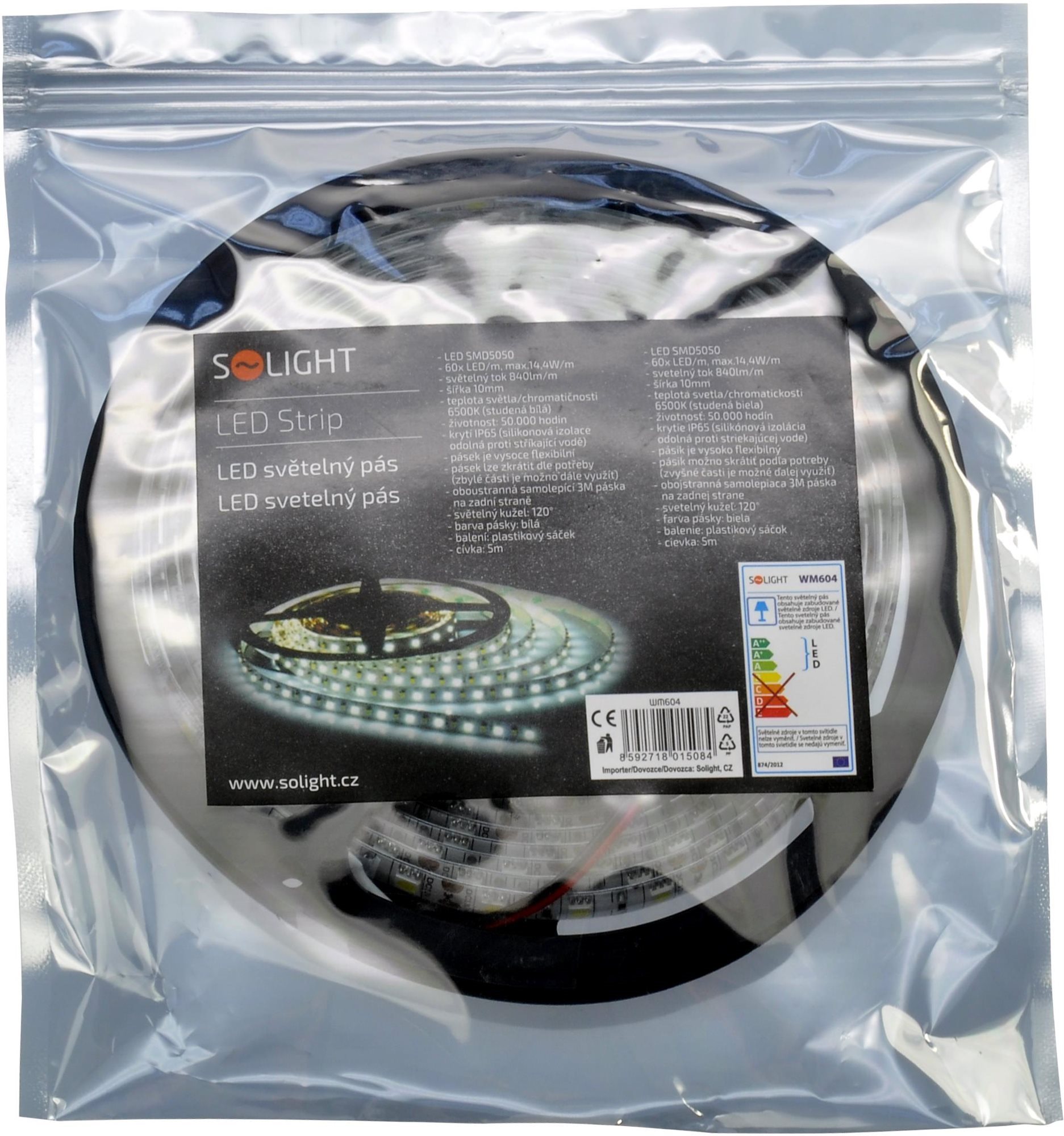 Solight LED světelný pás, 5m, SMD5050 60LED/m, 14,4W/m, IP65, studená bílá
