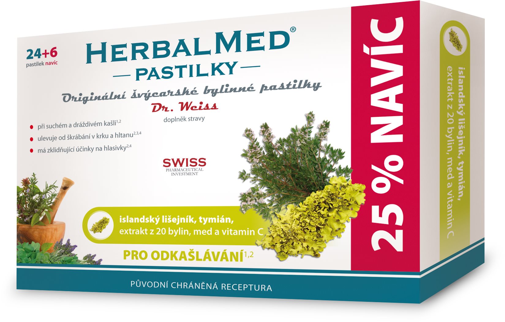 Dr.Weiss HerbalMed Islandský lišejník + tymián + med + vitamin C 24+6 pastilek