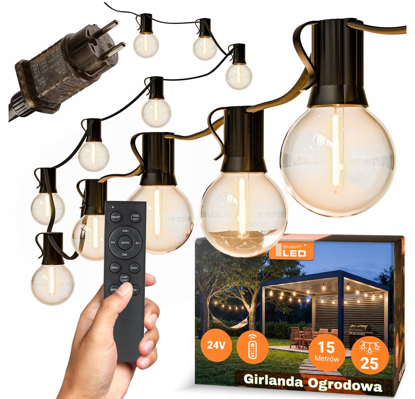 Smart LED Zahradní světelná stmívatelná girlanda 15m 25x LED žárovka E12 dálkové ovládání