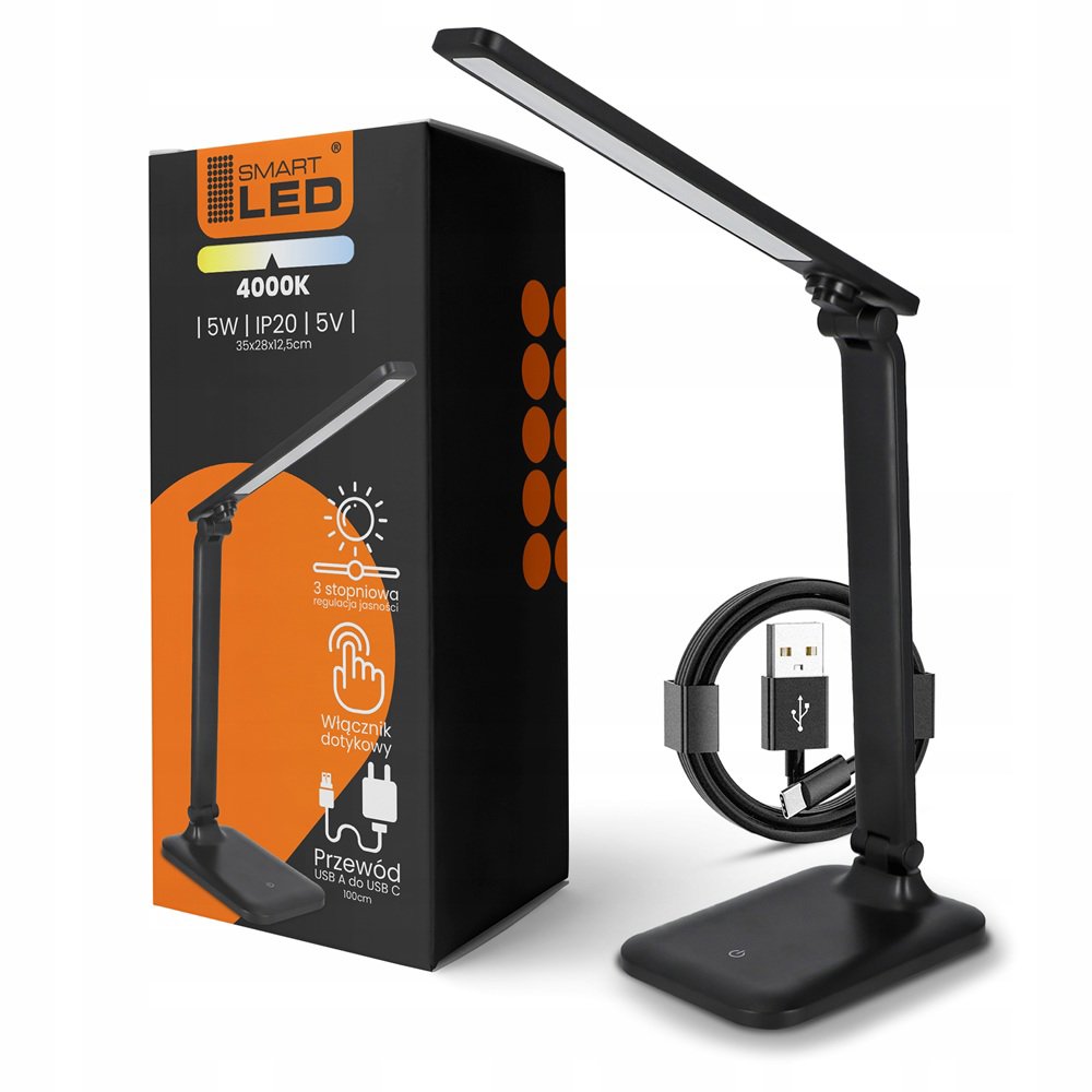 SMART LED Stolní dotyková pracovní LED lampa 5 W/200 Lm/USB-C/černá barva