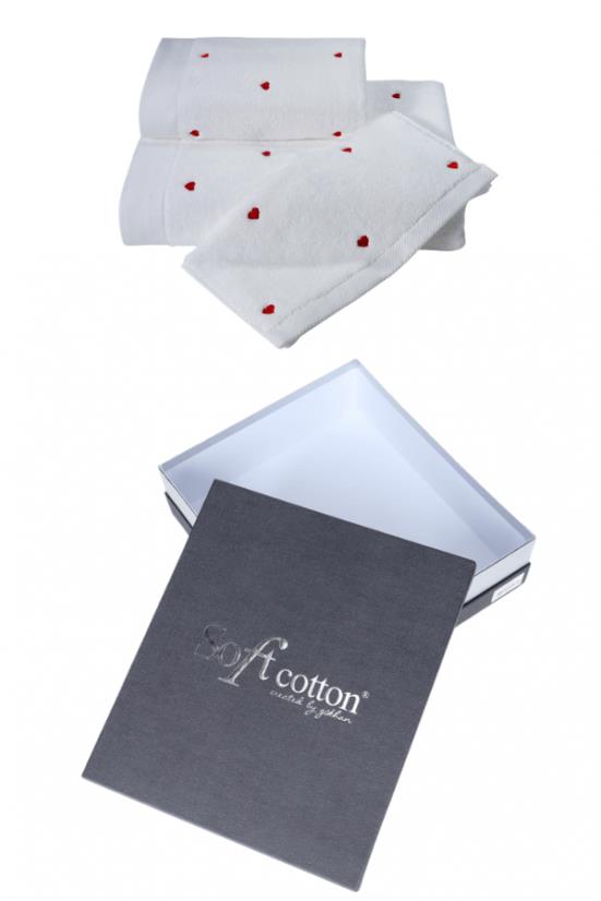 Soft Cotton - Dárkové balení ručníků a osušky Micro Love, 3 ks, bílá-červená srdíčka
