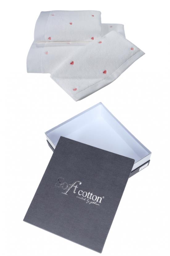 Soft Cotton - Dárkové balení ručníků a osušky Micro Love, 3 ks, bílá-růžová srdíčka