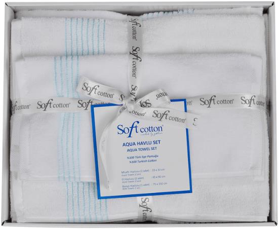 Soft Cotton dárková sada ručníků a osušky Aqua, 5 ks, bílá / tyrkysová