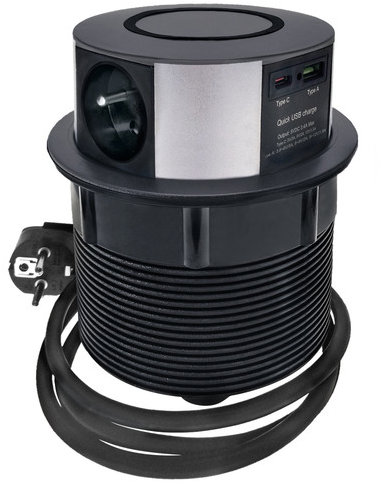 Solight 3z + USB A+C 20 W PD, Wireless 10 W, výsuvný blok zásuvek, 2 m, černý