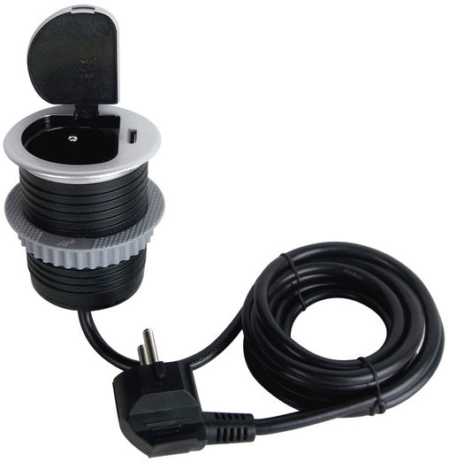 Solight 1z + USB-C 20 W PD vestavná, 2 m, stříbrná