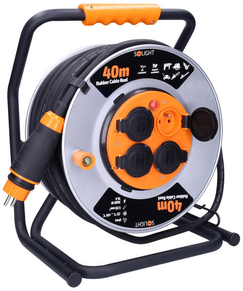 Solight Na kovovém bubnu, 4 zásuvky, 40 m kabel guma-neopren, 3 × 2,5 mm2, IP44