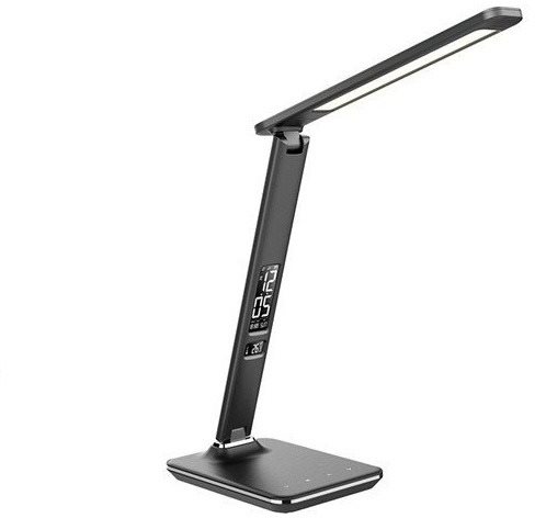 Solight LED stolní lampička s displayem, 9W, volba teploty světla, kůže, černá