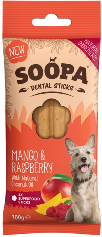 Soopa Dentální tyčinky s mangem a malinou 100 g