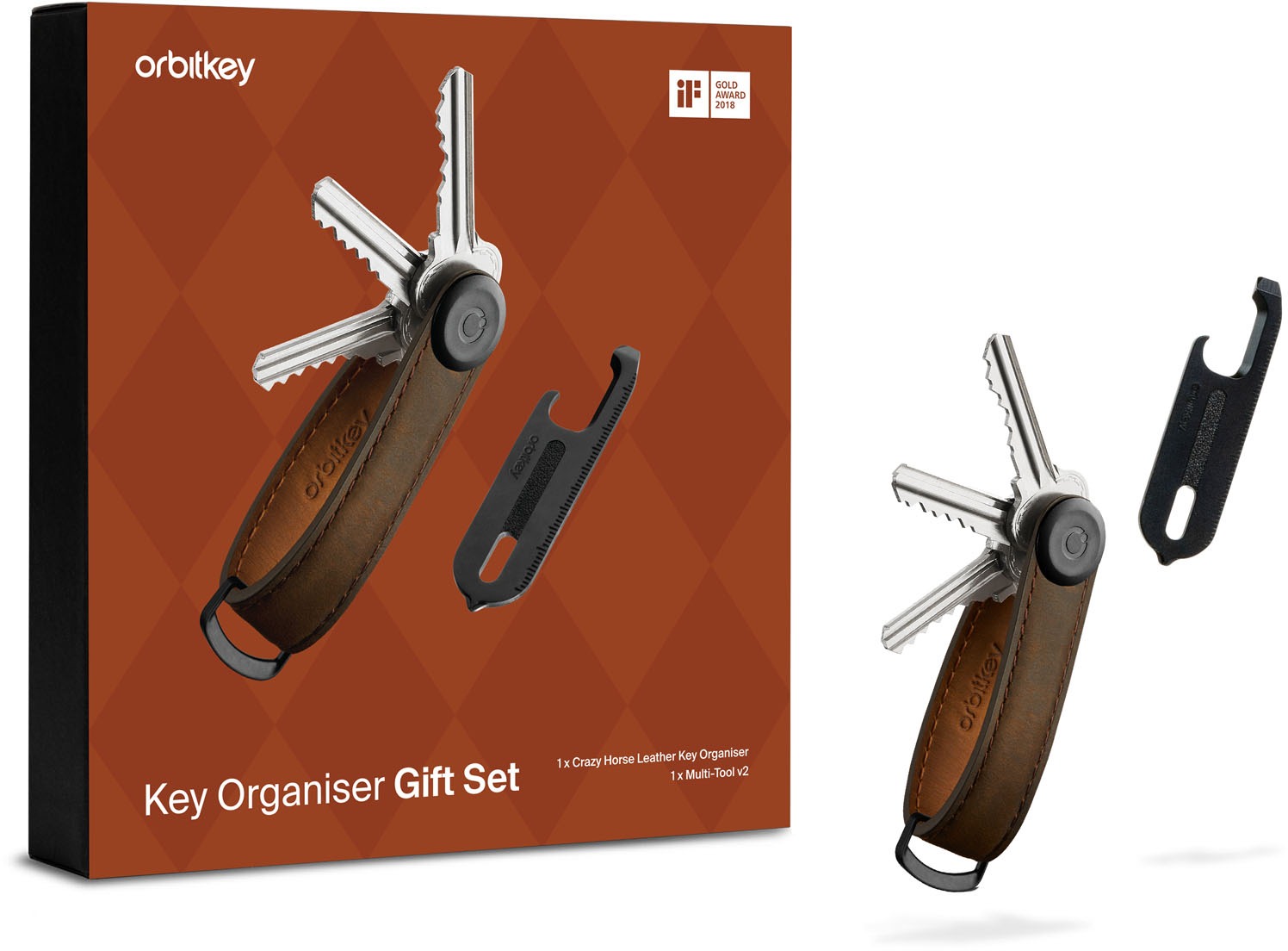 ORBITKEY Key Organiser Crazy Horse + Multitool V2 Set - Oak Brown