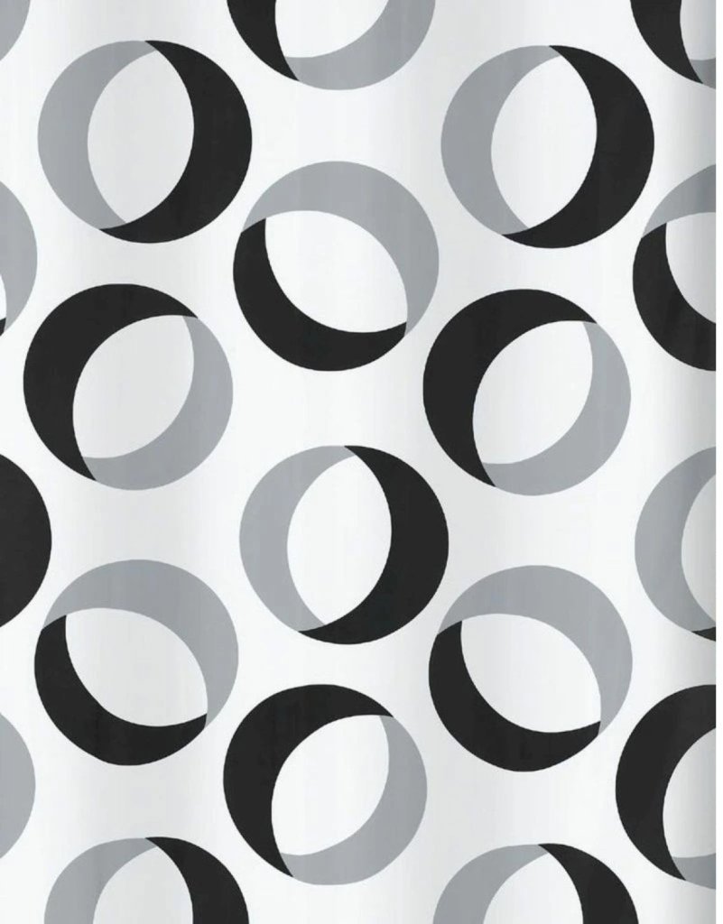 Spirella sprchový závěs RINGS, motiv prstenců, šedo-černý, 180 × 200 cm, polyester