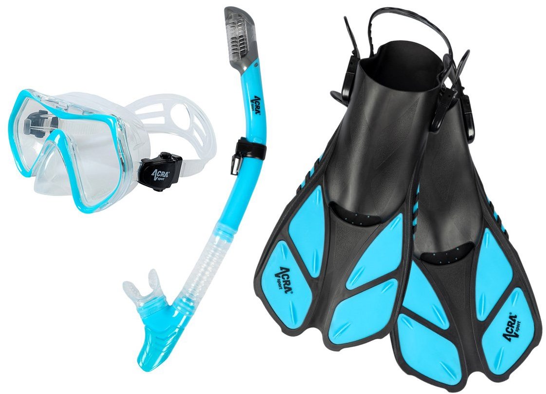 Acra šnorchlovací set 3v1, světlemodrý, l/xl, ploutve velikost 42-47, maska, šnorchl