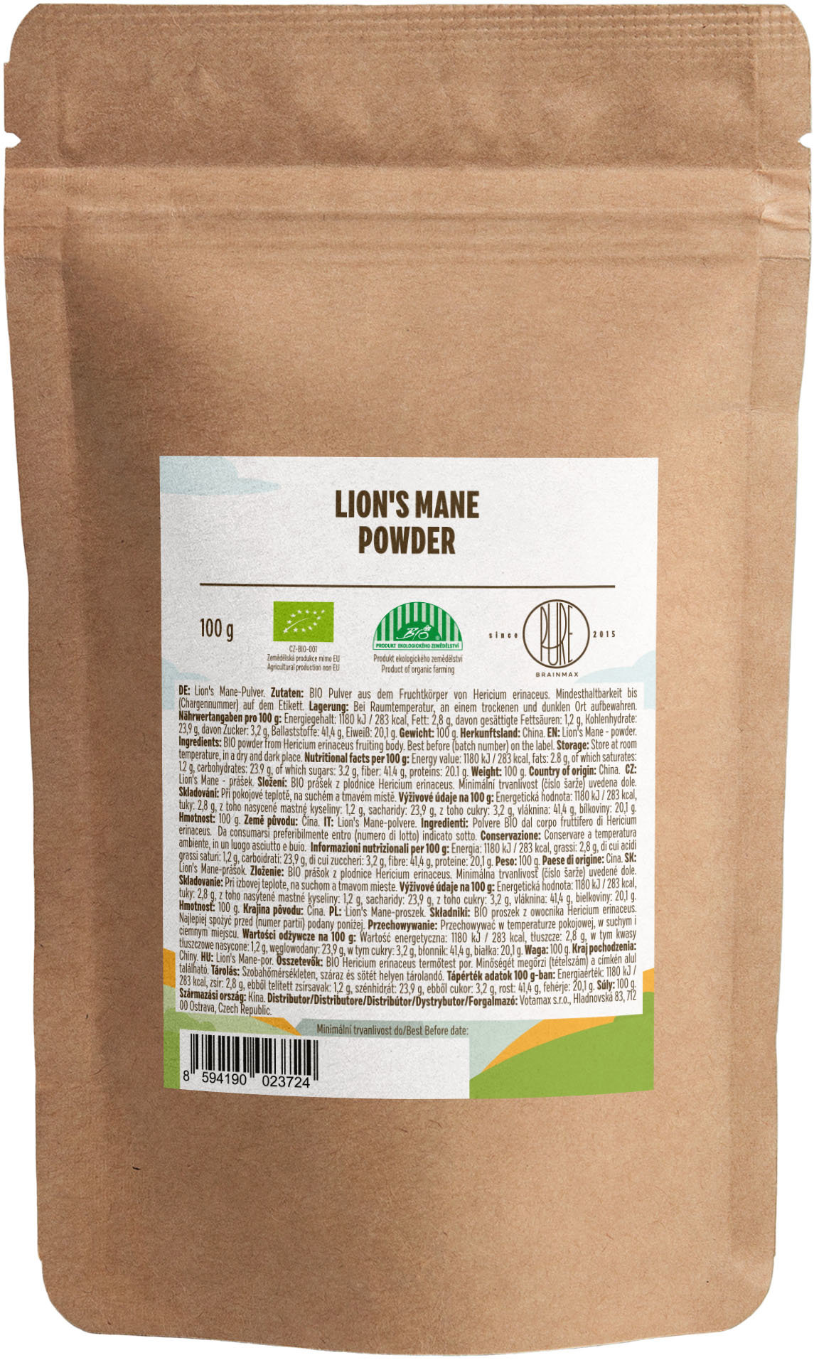 BrainMax Pure Lion's Mane (Hericium) prášek BIO, 100g